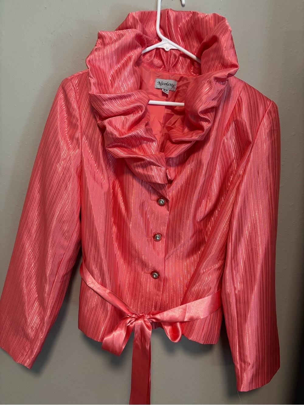 Nicole Coral Pink Ruffled Collar Satin Jacket